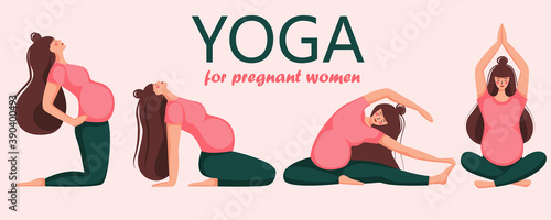 Banner for advertising pregnant yoga. Women doing exercise. Variants of poses. Vector illustration.