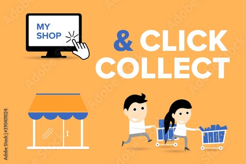 Click and Collect concept. E-commerce click and collect online ordering service symbol. Shopping bag. Shopping cart. Pickup location. Characters.