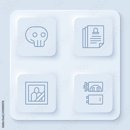 Set line Skull, Death certificate, Mourning photo frame and Crematorium. White square button. Vector.