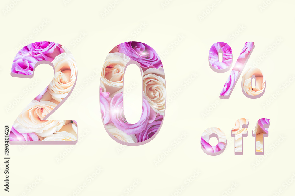 Inscription 20% off discount promotion sale poster made from tulip flowers. Women's day sale banner, ads.