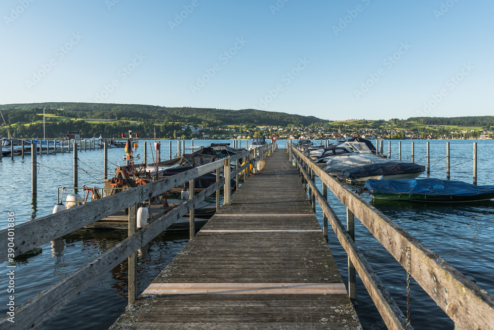 Bootssteg und Boote im Hafen in Gaienhofen am Bodensee, Halbinsel Höri, Baden-Württemberg, Deutschland