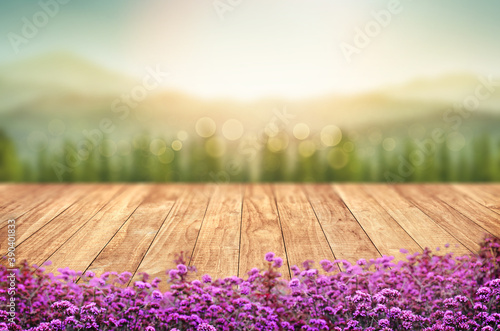 Beautiful verbina flowers front of Wooden desk with blurred mountain view background montage photo for advertising display concept
