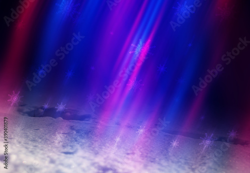 Abstract dark futuristic background. Neon rays of light are reflected from the water. Background of empty stage show  beach party. 3d illustration