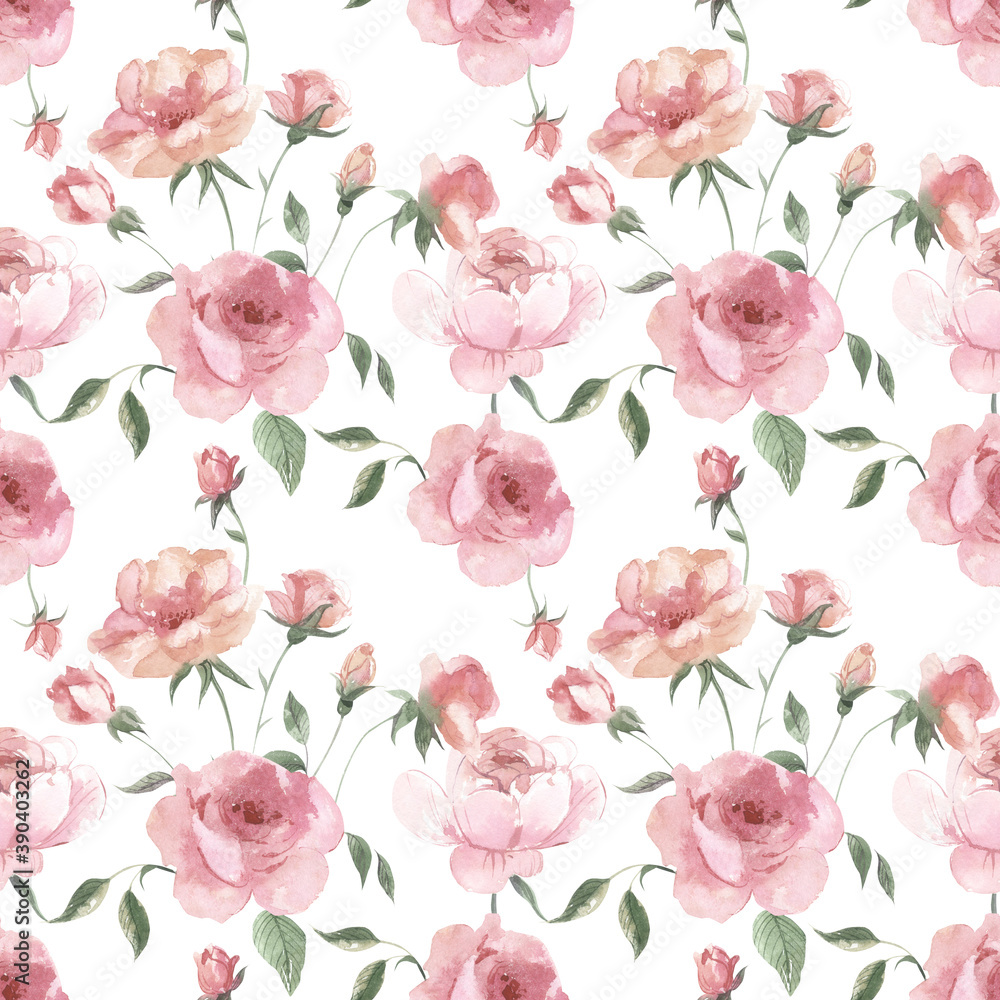Watercolor roses pattern. Seamless print with pink flowers for fabric, paper or wallpaper.