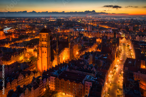Aerial view of the St. Mary's Basilica in Gdansk at dawn, Poland