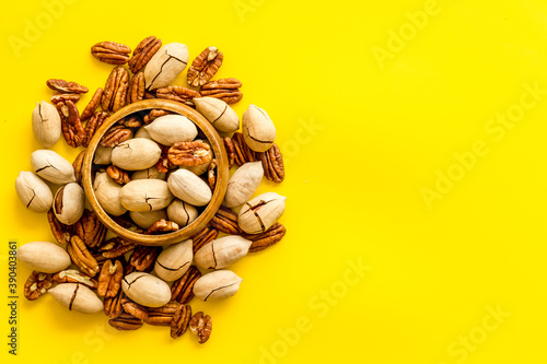 Top view of pecan nuts set. Food background