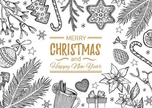 Christmas sketch illustration. Winter vector vintage background with xmas elements - tree, holly branch, new year food, flower. Holiday card, hand drawn menu, engraved sketch frame