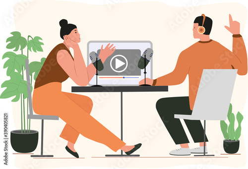 People listening and recording audio podcast or online show. Female, male podcaster, broadcaster at workspace isolated cartoon character. Media hosting doodle drawing. Flat vector illustration.