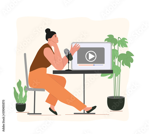 People listening and recording audio podcast or online show. Female podcaster, broadcaster at workspace isolated cartoon character. Media hosting doodle drawing. Flat vector illustration.