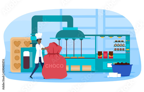 Automatic machine for production of chocolate, confectioner controlling the production process. Sweet chocolate dessert production. Chocolate factory. Cartoon flat vector illustration