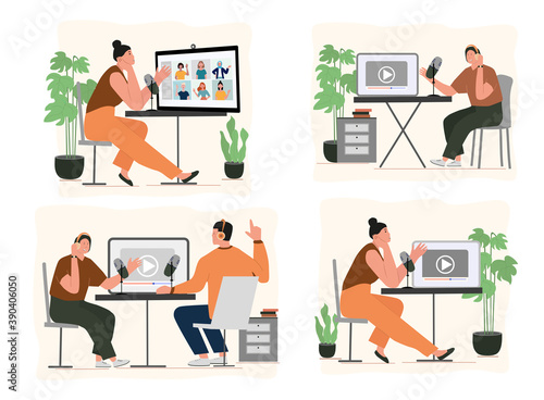 Set of cartoon smiling people listening and recording audio podcast or online show vector flat illustration. Joyful person radio host interviewing guest, mass media broadcasting isolated on white