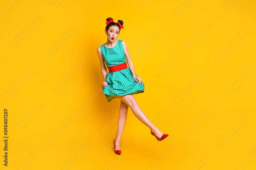 Full length body size view of lovely cute funky girl dancing having fun pout lips isolated on bright yellow color background Full length body size view of lovely cute funky girl dancing having fun pout lips isolated on bright yellow color background