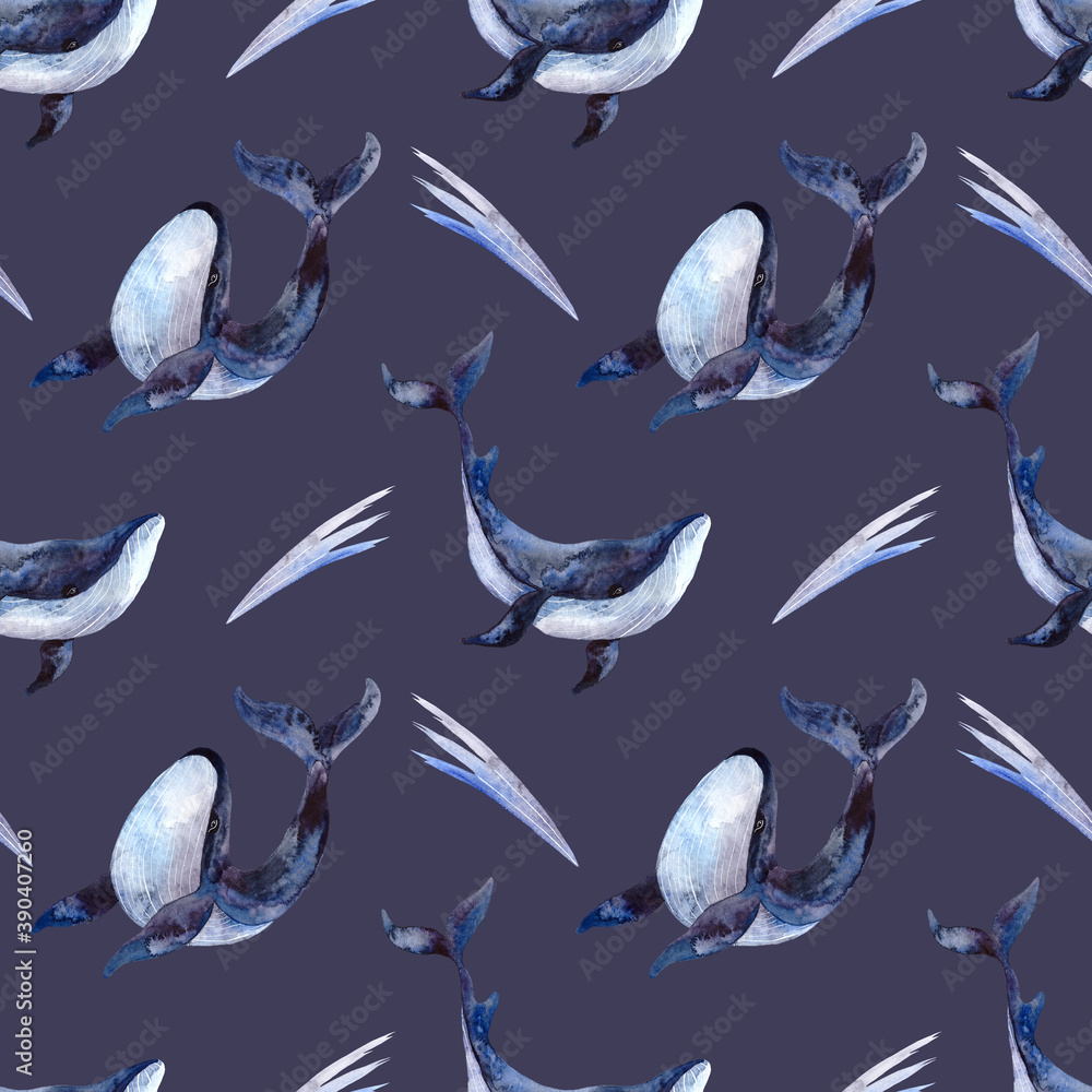 Fototapeta premium Seamless watercolor pattern with whales on a blue background. Watercolor illustration with a whale for fabrics, clothing, postcards, packaging paper. Nautical theme.