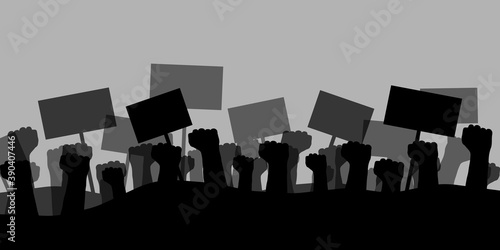 Hands with signs. Protest silhouette background concept.