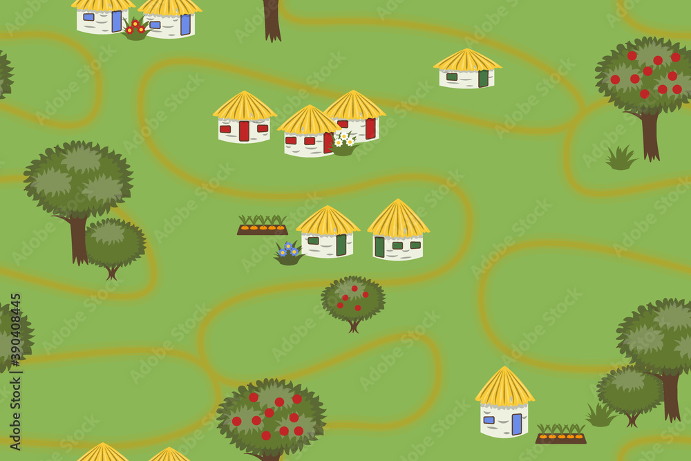 rural landscape - houses and trees, - seamless pattern