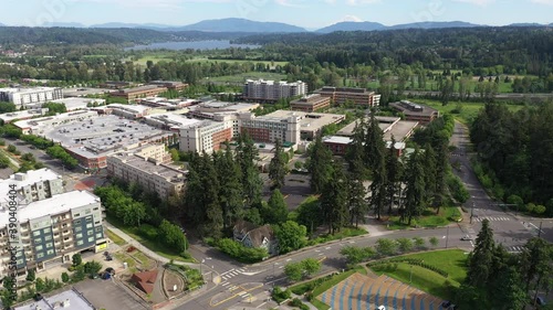 Aerial / drone footage of the Marriott and nearby businesses at the Redmond Town Center in Redmond, Washington, near Bellevue photo