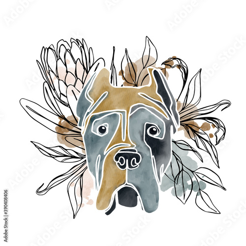 Hand drawn watercolor abstract dog portrait with watercolor swoosh's and line art plants