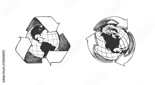 Handdrawn world globe recycle symbol