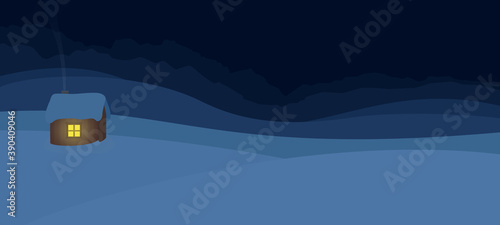 Winter night, panoramic landscape, snow covered lonely wooden house, romantic lighted window, symbol for solitude, seclusion, loneliness, retirement. Comic vector illustration.
