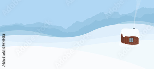 Snowy hills with single wooden house, panoramic landscape - symbol for solitude, seclusion, loneliness, tranquility, romance, calmness and peace in winter. Comic vector illustration.
