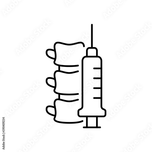 Spinal or epidural anesthesia. Linear icon of spine and syringe. Black simple illustration of medical injection into nerve. Contour isolated vector pictogram on white background