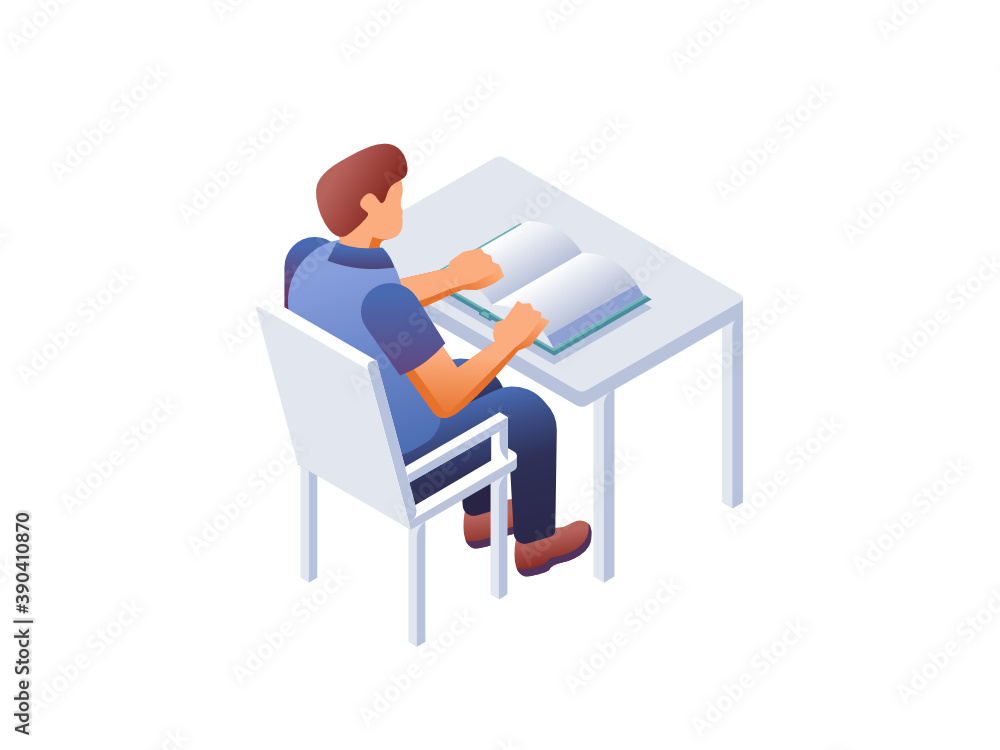 Student character sitting on a desk and reading a book illustration. Modern isometric flat design.