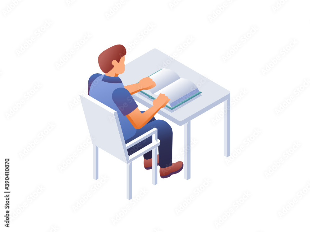 Student character sitting on a desk and reading a book illustration. Modern isometric flat design. Student character sitting on a desk and reading a book illustration. Modern isometric flat design.