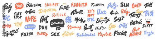 Baby, Only, Party, Art, Help, OK, User, Big, Not, Yes, Sex, One, Hipster, Sorry, Influencer, Nope, Fun, Get lost, Yeah, Reality. Hand drawn lettering collection logo set for social media content