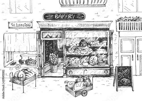 Outdoor bakery shop or cafe sketch