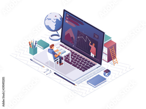 Online learning illustration abstract concept. Student sitting on a desk on a laptop looking at a screen surrounded by learning tools.