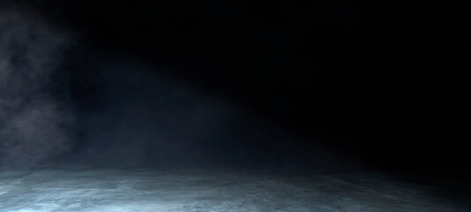 Empty dark abstract cement wall and gradient studio room with smoke float up interior texture for display products wall background.