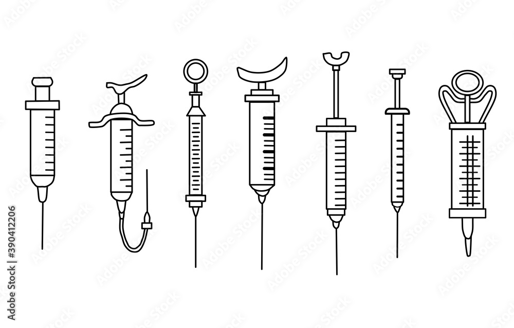 Set of icons for various medical syringes. isolated on a white background. Vector linear drawing. Syringes for injections, infusions, flushes and suctions. Illustration for medical books and web Set of icons for various medical syringes. isolated on a white background. Vector linear drawing. Syringes for injections, infusions, flushes and suctions. Illustration for medical books and web