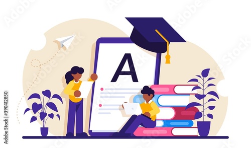 Home-school your kids concept. Children at home with tutor or parent getting education, tiny people. Home schooling, home education plan, homeschooling online tutor. Modern flat illustration.