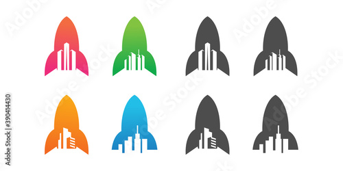 rocket and building negative space logo design