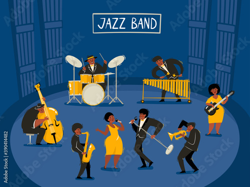 Cartoon vector illustration of jazz musicians playing in club.