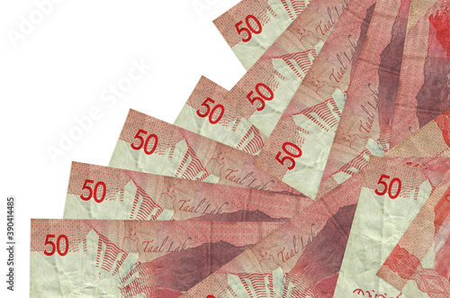 50 Philippine piso bills lies in different order isolated on white. Local banking or money making concept photo