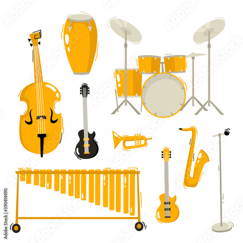 Fototapeta Jazz and blues music instruments isolated on white background.