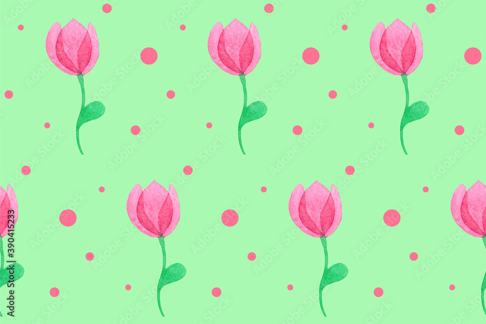 Seamless pattern with fantasy pink flowers. Hand drawn watercolor tulips. Spring illustration. Beautiful print for textile, greeting cards, wrapping paper, decor and design. Celebration style