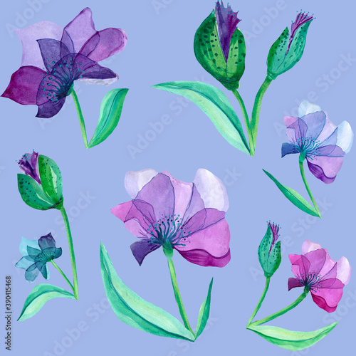 Purple flowers watercolor seamless pattern. For prints  invitations  textiles  calendars  posters.