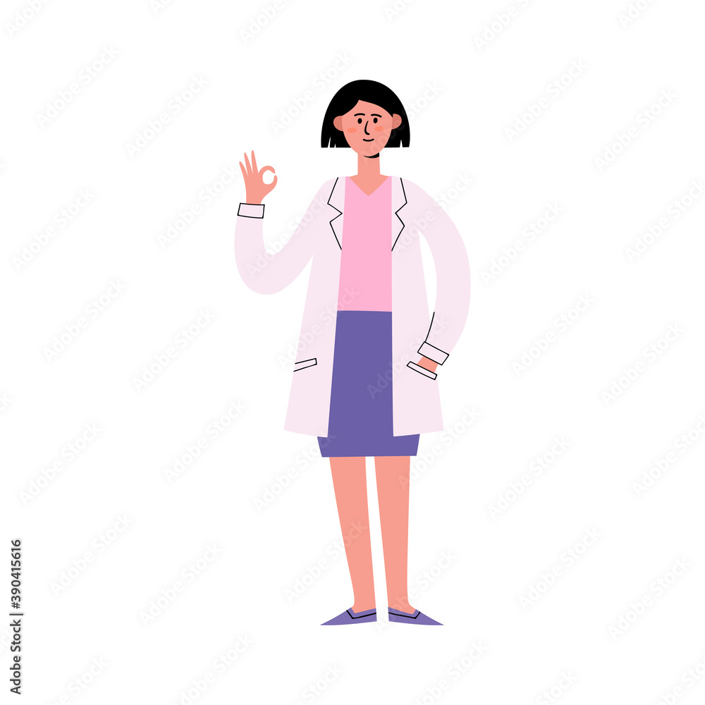 Vector flat illustration of standing european doctor showing OK Vector flat illustration of standing european doctor showing OK
