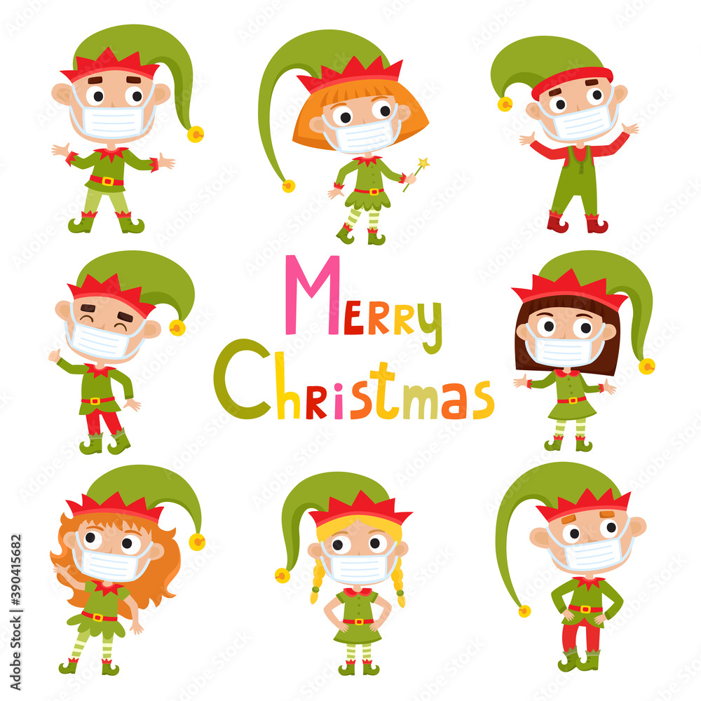 Vector set of children in elf costumes and face masks
