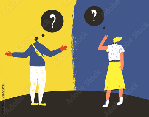 Conflict. Adult man vs woman vector concept.