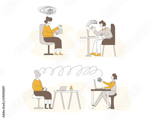 Online stress therapy scene. Color vector flat.
