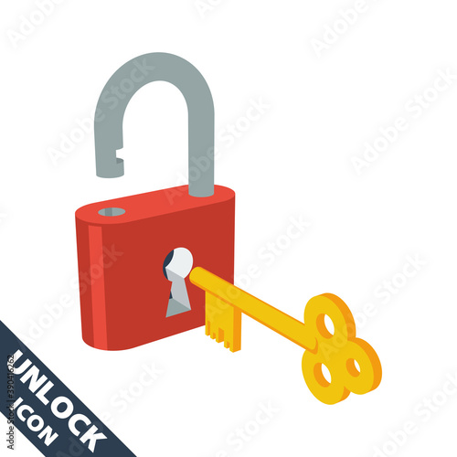 Opened lock and key icon. 3D vector illustration in flat style isolated on white background.
