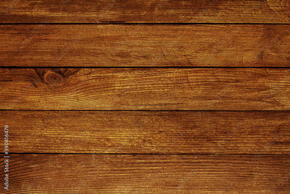 Fototapeta premium Vintage brown wood background texture with knots and nail holes. Old painted wood wall. Brown abstract background. Vintage wooden dark horizontal boards. Front view with copy space