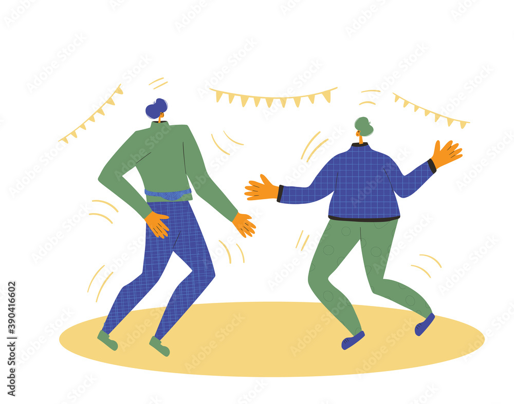 Obraz premium Holiday event. Two characters wearing in casual clothes dancing together isolated on a white background. Persons jumping and have fun. Vector flat illustration.