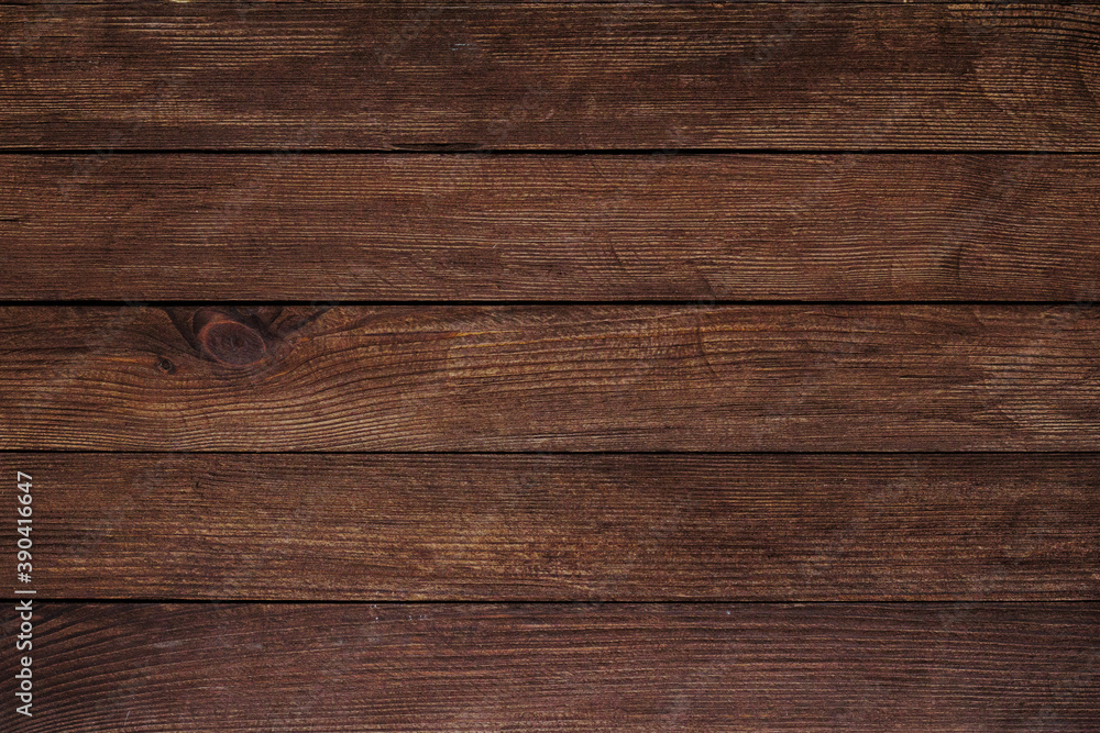Obraz premium Vintage brown wood background texture with knots and nail holes. Old painted wood wall. Brown abstract background. Vintage wooden dark horizontal boards. Front view with copy space