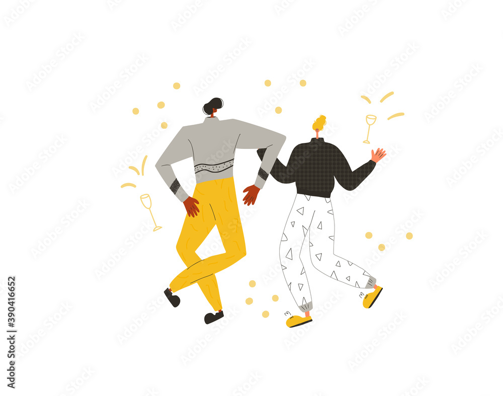 Date. Friends dancing. Two characters wearing in casual clothes  spending time together isolated on a white background. Persons jumping and have fun. Vector flat illustration.