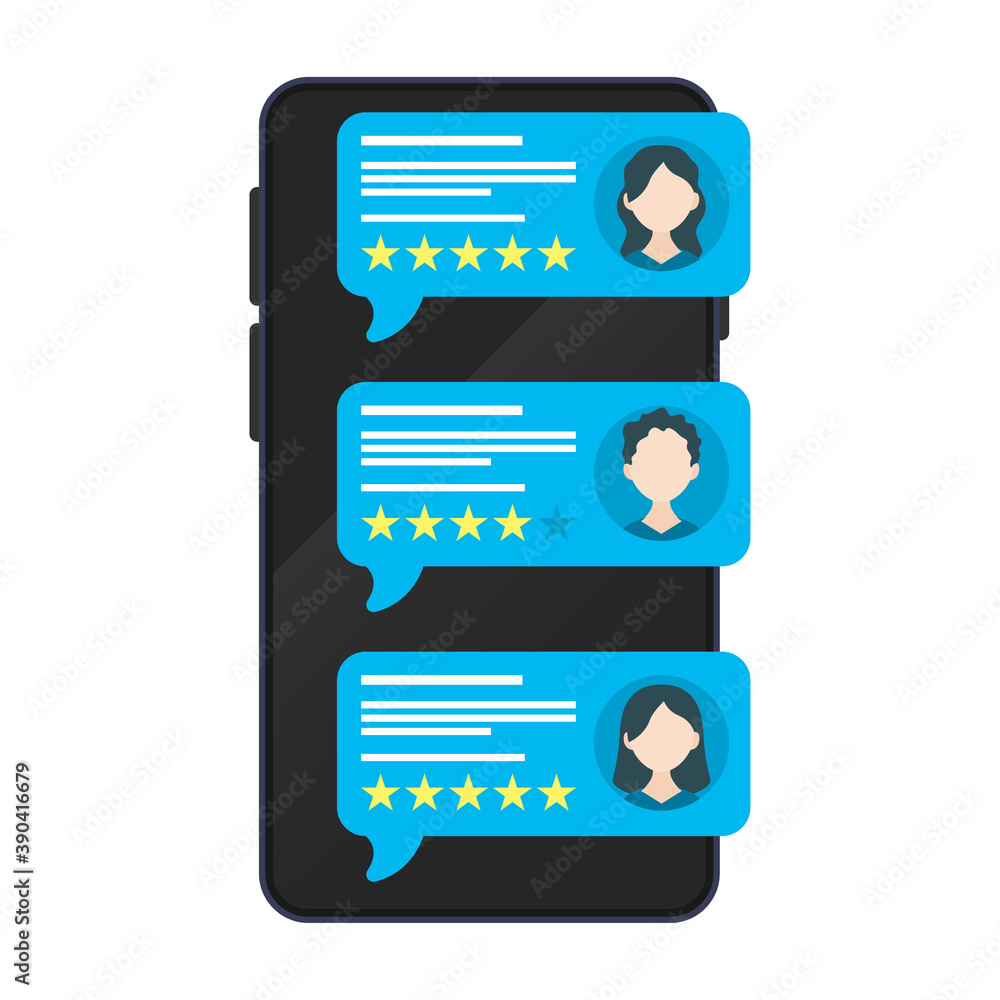 Feedback review bubble speeches on mobile phone, smartphone with good and bad rate. Feedback bubble speech with stars and avatars. 