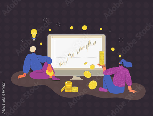Personal financing. Investment idea. Financial advisor and analyst. Minor shareholders. People with huge computer monitor and candle stick graph chart. Vector illustration.